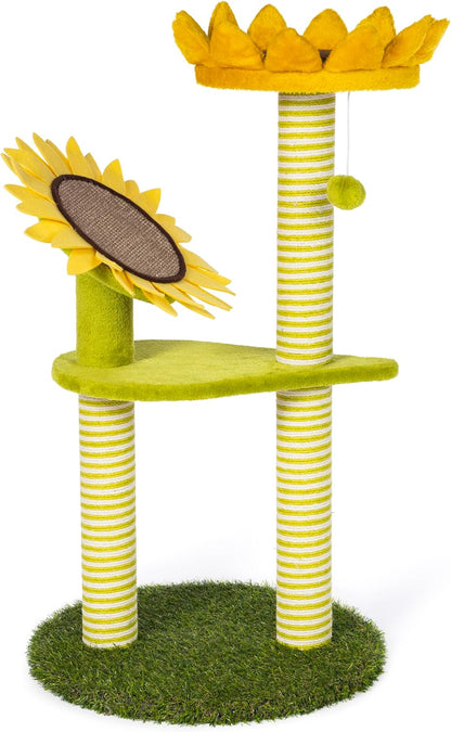 Prevue Pets Sunflower Playground Cat Scratching Post Tree Activity Center with Toy, Green