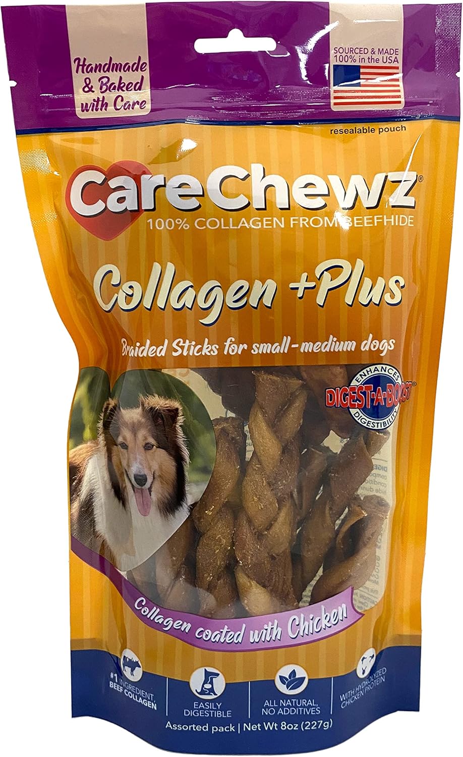 Pet Factory CareChewz Collagen +PLUS Braided Sticks Dog Chew Treats - Chicken Flavor, 8 oz
