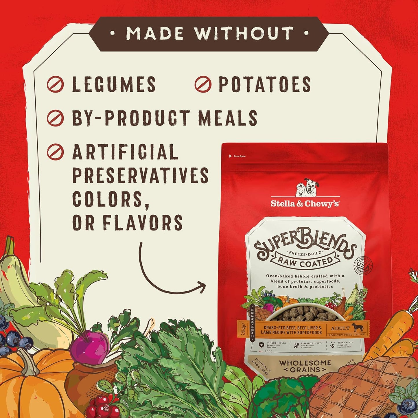 Stella & Chewy's SuperBlends Raw Coated Wholesome Grains Grass-Fed Beef, Beef Liver & Lamb Recipe with Superfoods, 3.5 lb. Bag