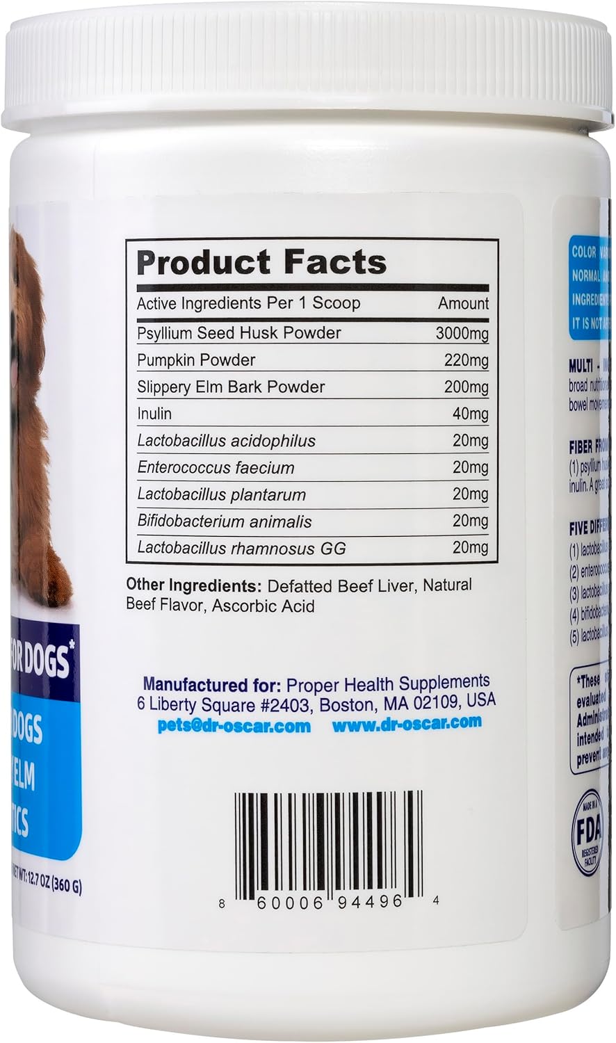 Dr. Oscar Gut Health for Dogs, Fiber for Dogs, Slippery Elm, Probiotics for Digestive Health, Psyllium Husk, Helps Maintain Regular Bowel Movement & Stool Quality, Powder 12.7 OZ, 360 Grams, 90 Scoops