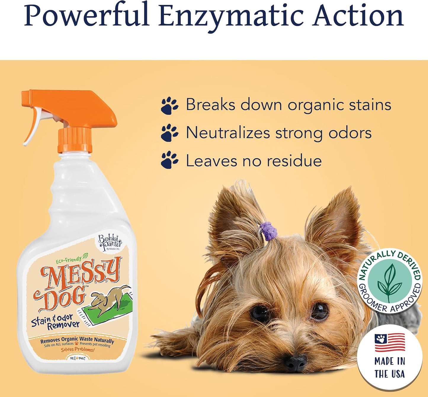 Bobbi Panter Messy Dog Stain & Odor Remover - (Case of 12) Bio-Enzymatic Power, Biodegradable Formula for Tough Stains & Odors, Earth-Friendly & Pet-Safe, Non-Toxic, 32 fl. oz. Spray Bottles