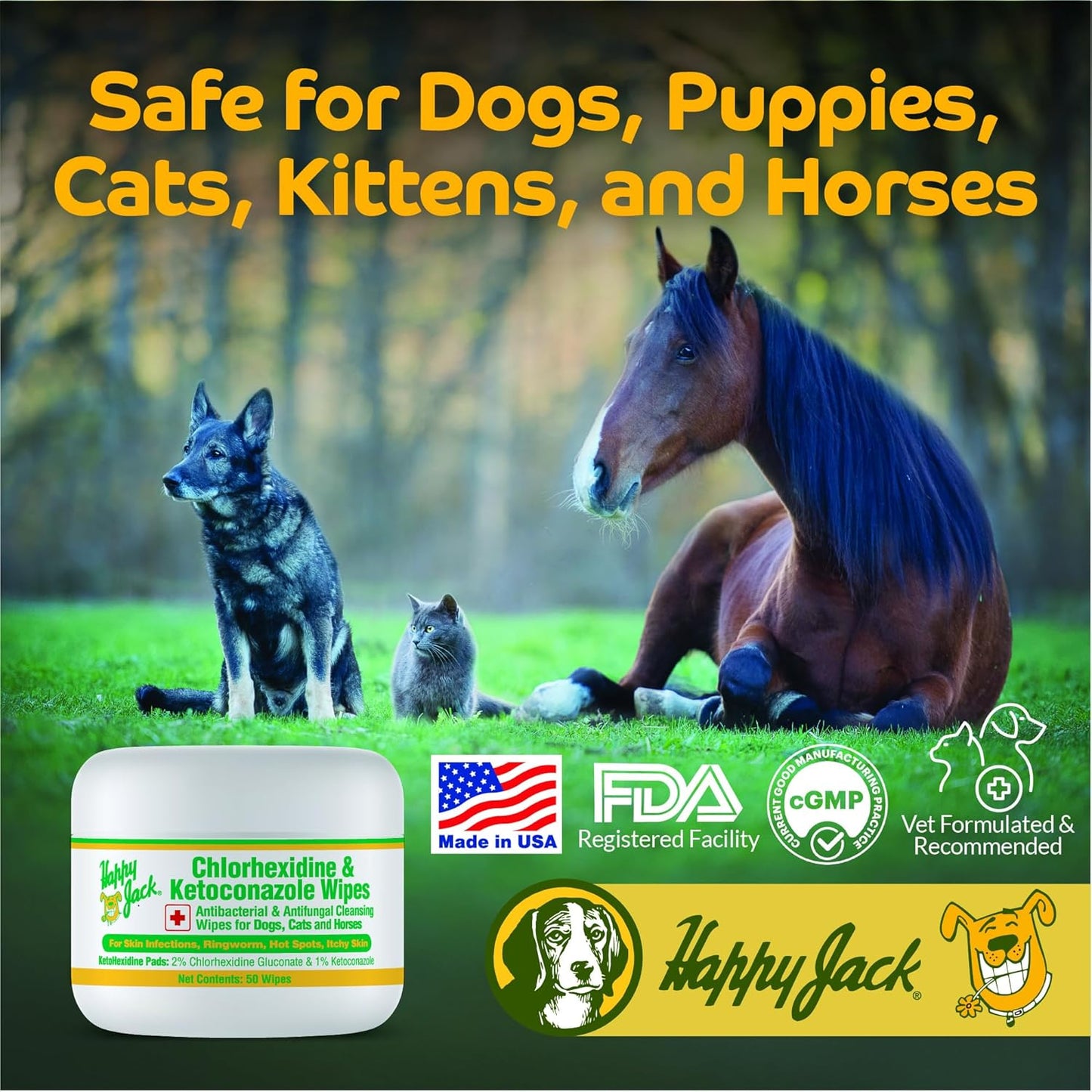 HAPPY JACK KetoHexidine Pet Wipes, Chlorhexidine Pads for Dogs & Cats with Ketoconazole, Cat Wipes for Acne, Wrinkles, Paws, Itchy Skin, 50 Ct