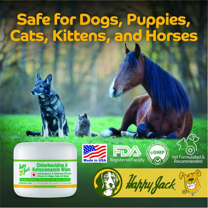 HAPPY JACK KetoHexidine Pet Wipes, Chlorhexidine Pads for Dogs & Cats with Ketoconazole, Cat Wipes for Acne, Wrinkles, Paws, Itchy Skin, 50 Ct