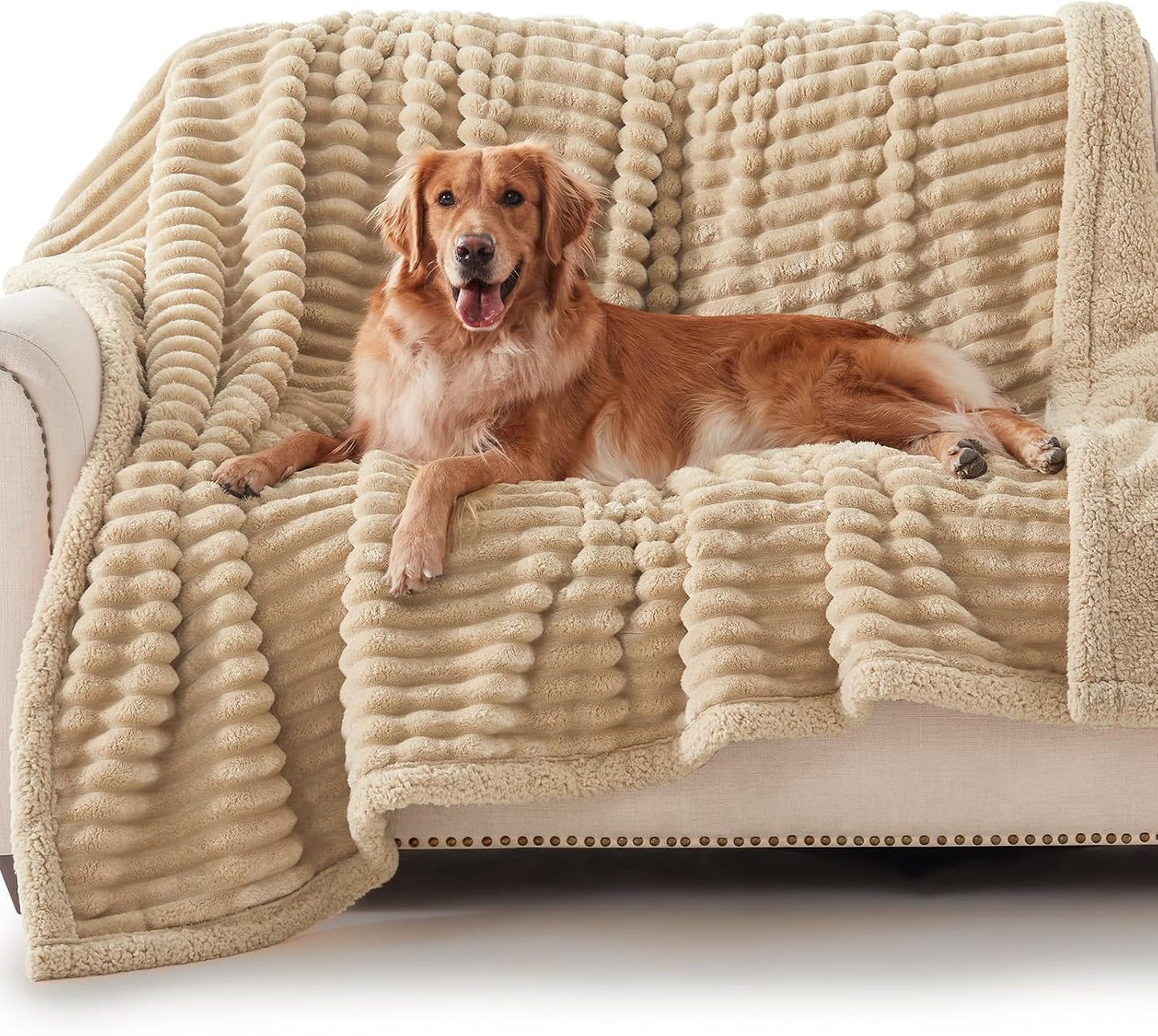 Waterproof Dog Blanket for Large Dogs, Washable Soft Puppy Cat Blanket Flannel Cotton Velour for Sofa Couch Protector, Comfort & Security Reversible Bed Protection for Pet, 60"X80", Khaki