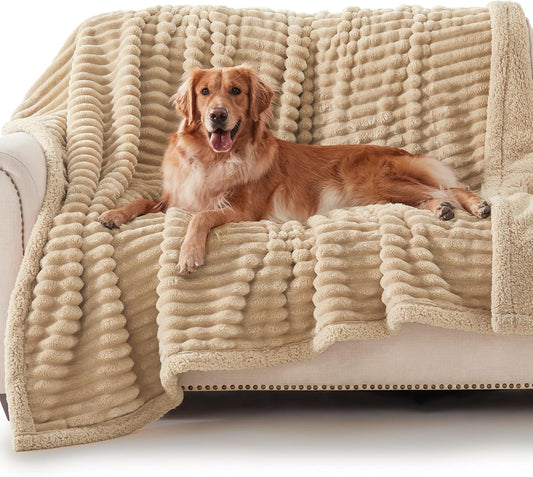Waterproof Dog Blanket for Large Dogs, Washable Soft Puppy Cat Blanket Flannel Cotton Velour for Sofa Couch Protector, Comfort & Security Reversible Bed Protection for Pet, 60"X80", Khaki