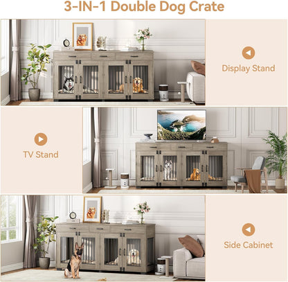 71'' Double Dog Crate Furniture, Large Dog Kennel Indoor with 3 Storage Drawers and Removable Divider for 2 Dogs, Heavy Duty Decorative Dog House TV Stand Side Table for Medium Large Dogs, Grey