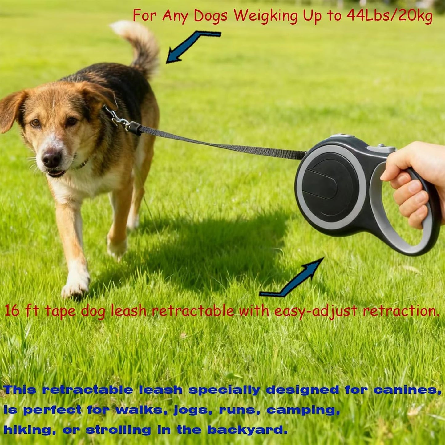 Retractable Dog Leash 16 FT Walking Leash Up to 44 lb, 360° Tangle-Free Dog Leashe, Strong Nylon Tape No Tangle, Explosion-Proof Carabiner, Anti-Slip Handle (Black, 16FT)