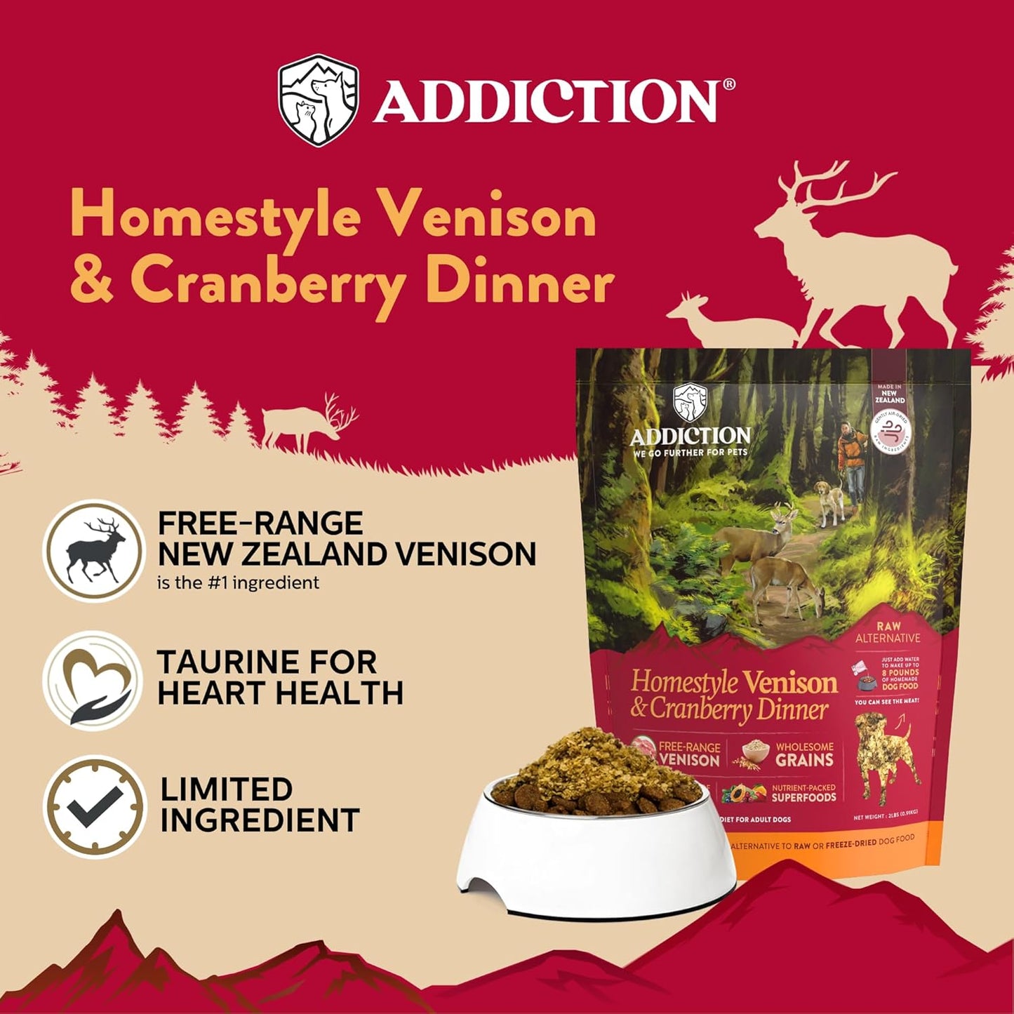 Addiction Homestyle Venison & Cranberry Dinner Air-Dried Grain-Free Dog Food – Complete Meal or Topper with Natural Ingredients for Digestive and Skin & Coat Health, 2lb - 2 Packs