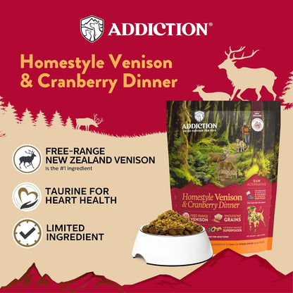 Addiction Homestyle Venison & Cranberry Dinner Air-Dried Grain-Free Dog Food – Complete Meal or Topper with Natural Ingredients for Digestive and Skin & Coat Health, 2lb - 2 Packs