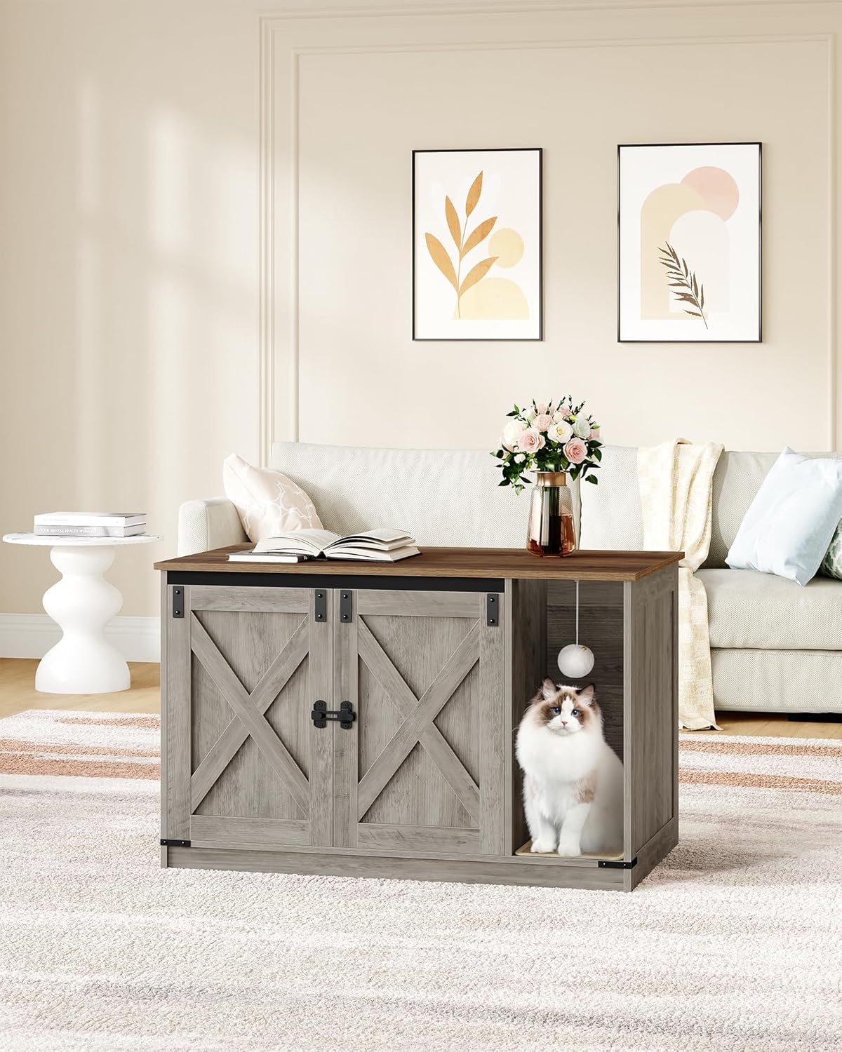 Cat Litter Box Enclosure, Hidden Litter Box Cabinet Furniture with Bell, Indoor Cats House, Farmhouse Style, 39.4 x 21.7X 24.8 Inches, for Hallway, Bedroom, Greige CB85205X