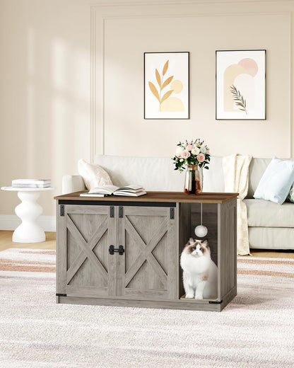 Cat Litter Box Enclosure, Hidden Litter Box Cabinet Furniture with Bell, Indoor Cats House, Farmhouse Style, 39.4 x 21.7X 24.8 Inches, for Hallway, Bedroom, Greige CB85205X