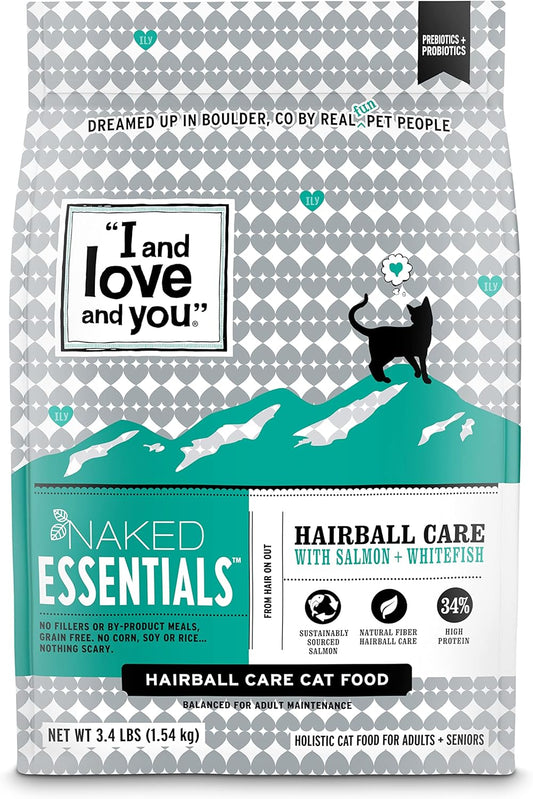 I and Love and You Naked Essentials Dry Cat Food - Salmon + Whitefish for Hairball Care - Grain Free, Real Meat, No Fillers, 3.4lb Bag