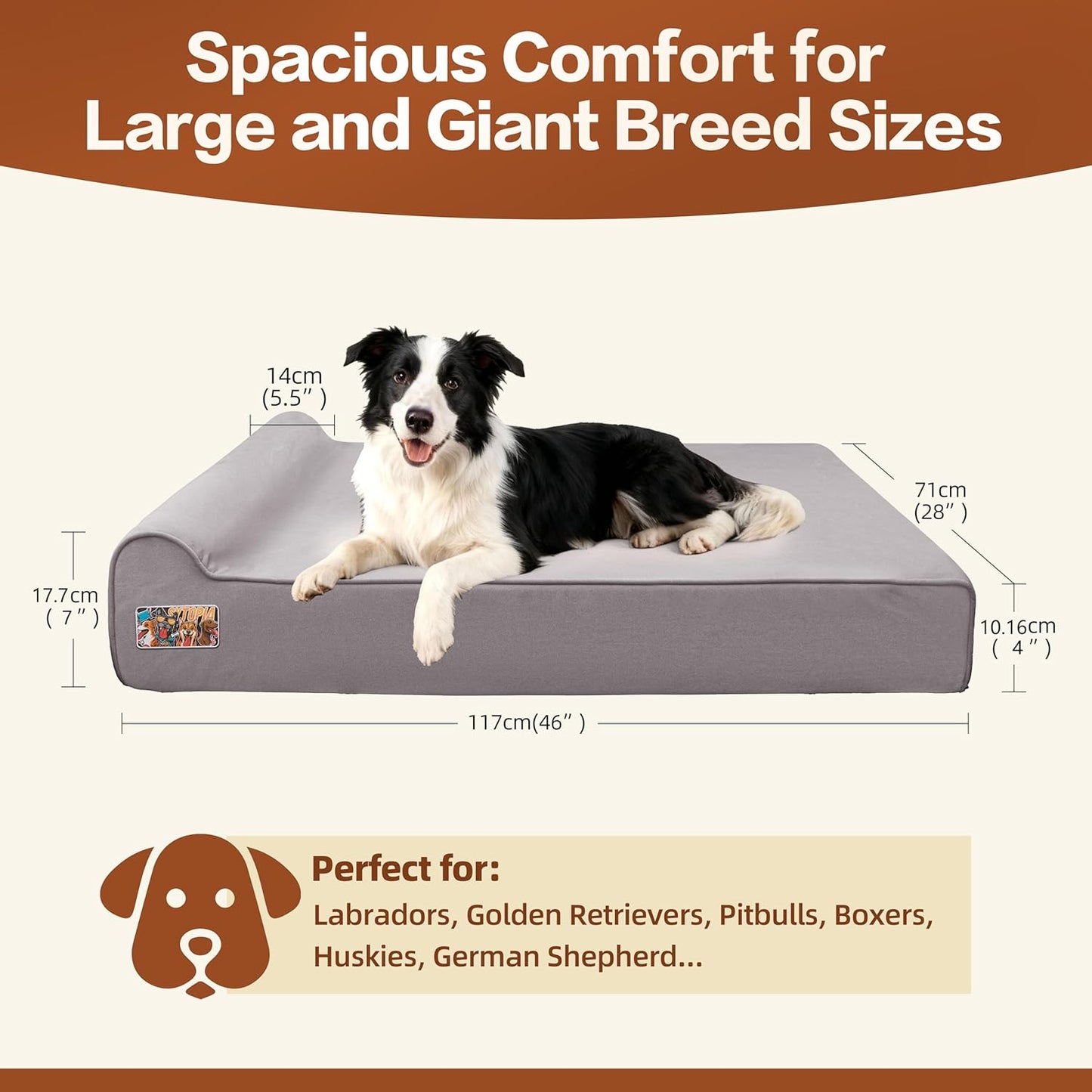 Sytopia XL Orthopedic Memory Foam Dog Bed 35D 46 inch, Extra Large Dog Sofa for Senior Dogs up to 100 lbs, Water Resistant & Washable Cover with Liner, Grey