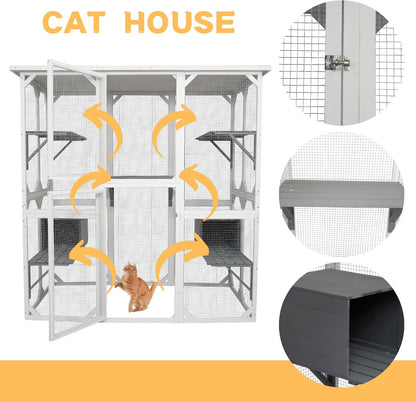 Wooden Outdoor Cat Cage with Asphalt Roof,Cat House with Jump Platforms and Sleeping Nook, Weatherproof Cat Enclosure for Indoor/Outdoor Use, Stylish & Spacious Design,70" L x 37" W x 71" H White