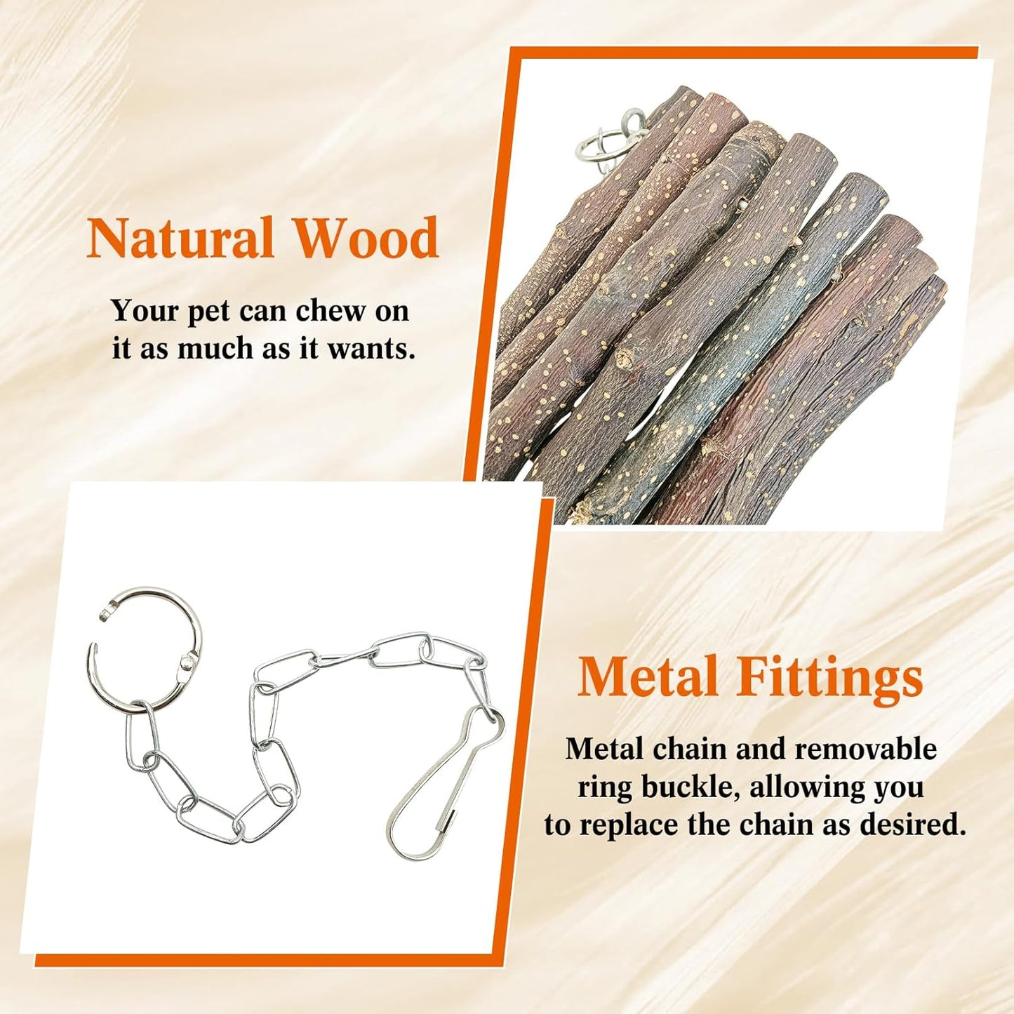 BNOSDM Wooden Bird Tunnel Parrot Swing Toys Natural Hanging Nest and 2 Pack Bird Perch Platform Stainless Steel Parrot Perches for Parakeets, Budgies, Conures, Cockatiels, Lovebirds