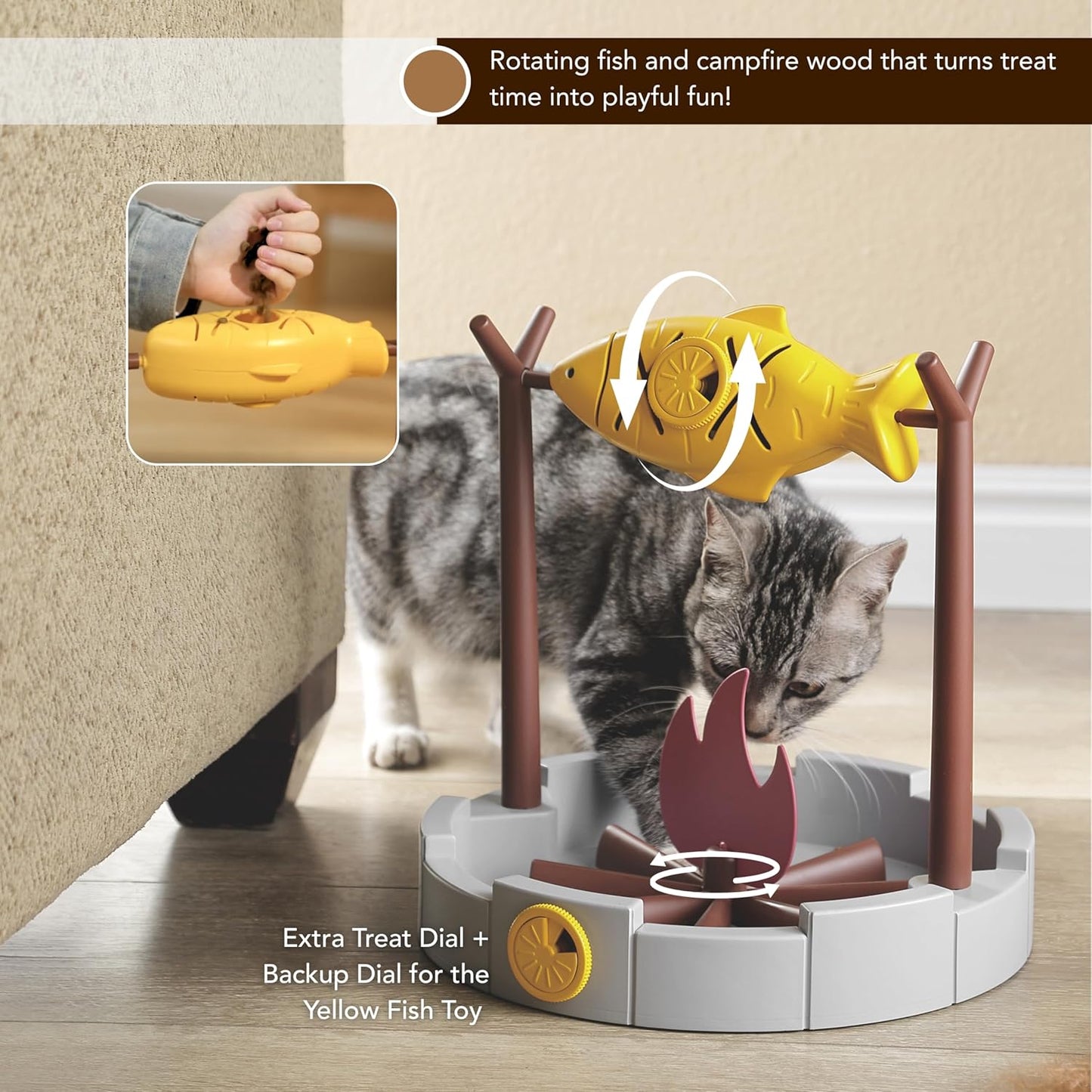 PetPals 11" High Cats Treat-Dispensing Slow Feeder,Pets Dry Food Dispenser,Cats Slow Feeding Snack Bowl, Grilled Fish Spinning Toy, Food Puzzle Cat Toy