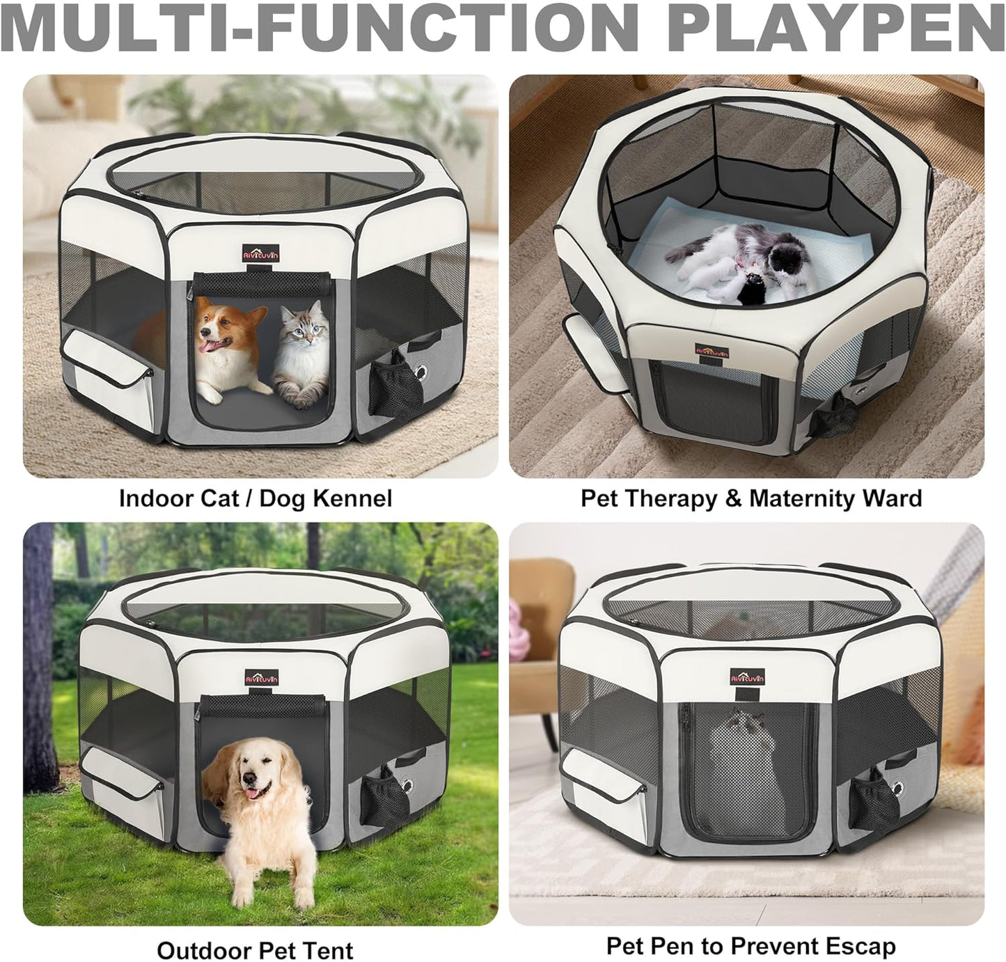 Aivituvin Dog Playpen Foldable Pet Play Pens with Carrying Bag for Cat, Puppies, Rabbits, Chickens, Durable Portable Pet Tent for Travel Camping Indoor/Outdoor Grey M