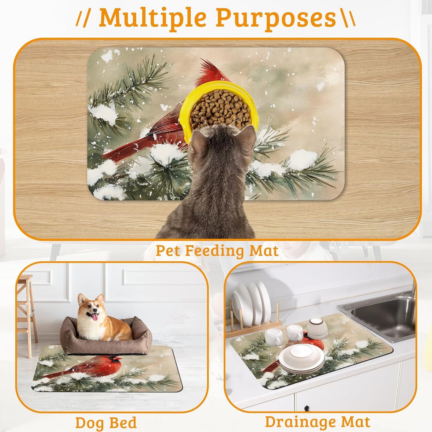 Pet Feeding Mat,Cardinal Bird Absorbent Dog Cat Food Mat Christmas Dog Mat with Rubber Backing,Non-Slip Water Bowl Placemat,Pet Supplies 16" x 24"