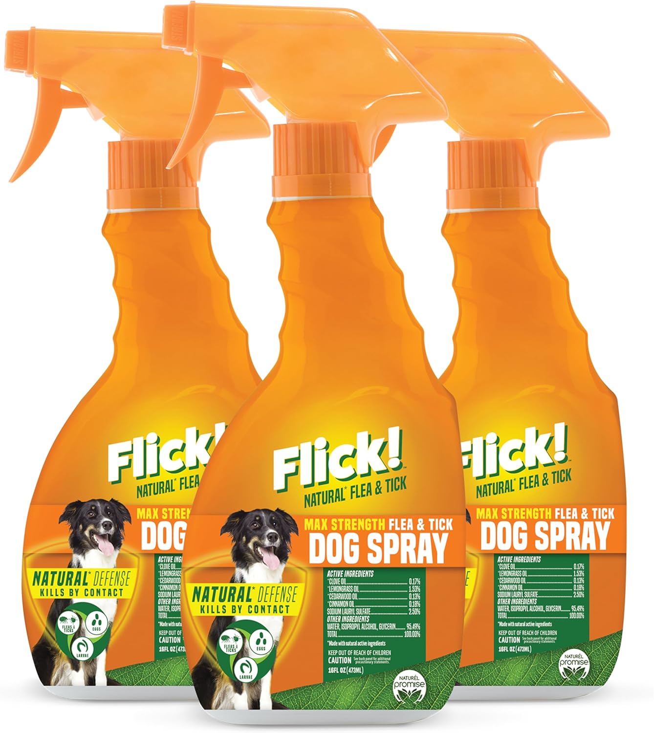 Flick! Natural Flea & Tick Max Strength Spray for Dogs, 16oz (Pack of 3)