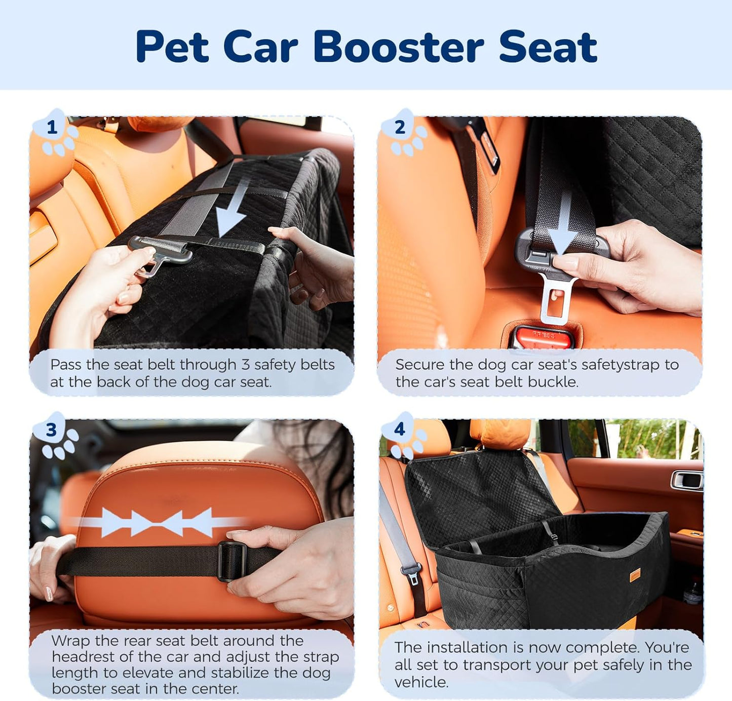 Dog Car Seat for Large Dogs up to 60 lbs or 2 Small Dogs with 4" Memory Foam, Medium Pet Booster Seat Cover with Triple Safety Belts, Adjustable Leashes, Detachable/Washable (Dark Black, Large)