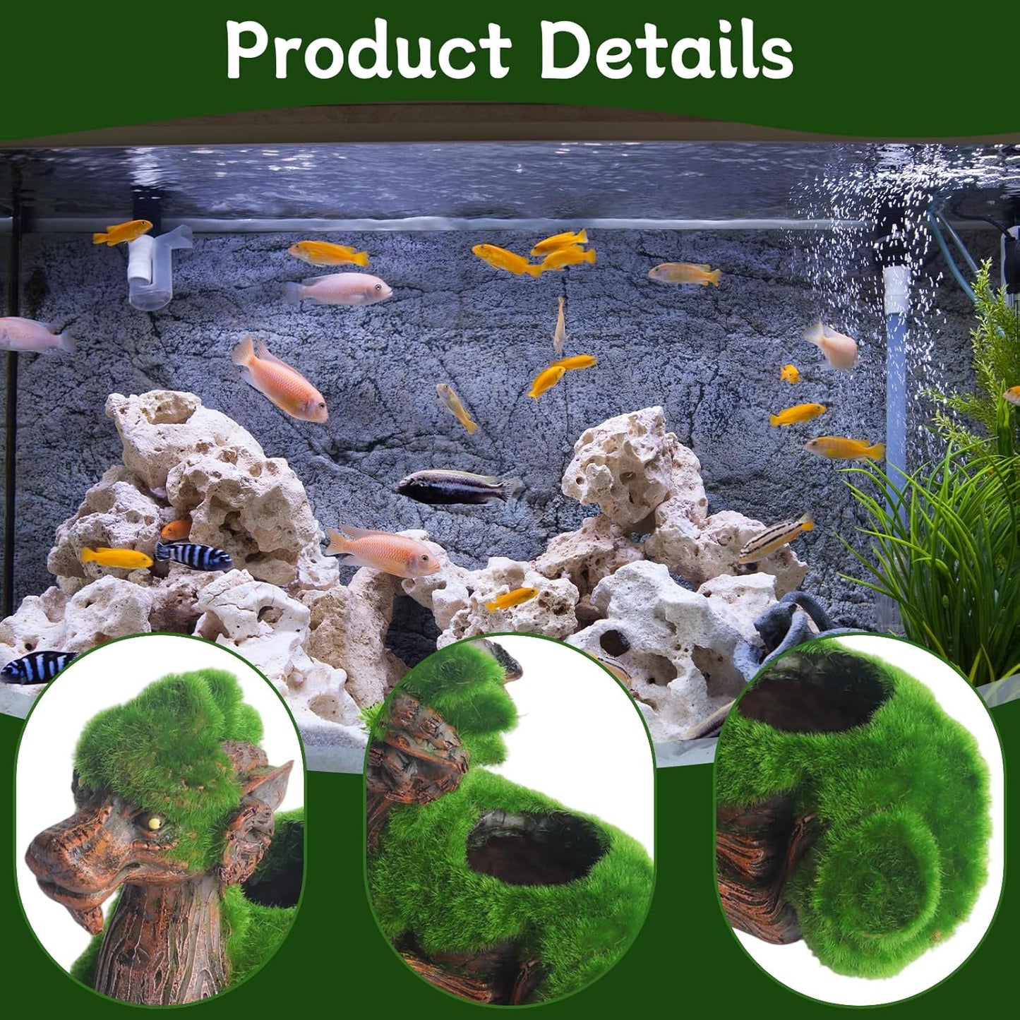 AnRui Resin Goat Fish Tank Decor Green Moss Aquarium Décor Thematic Ornaments for Cichlid, Small Fish, Shrimp to Play Hide Breed Habitat