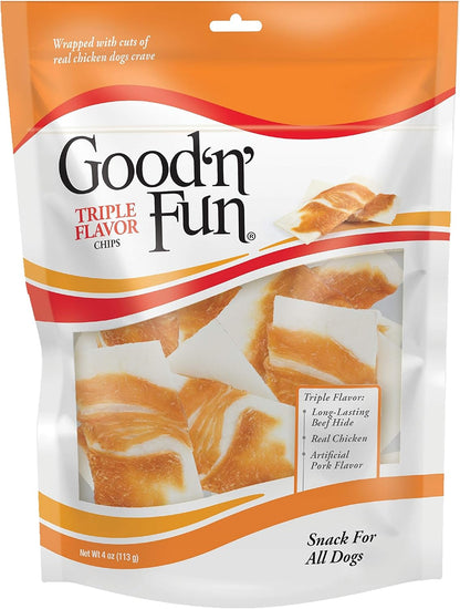 Good'n'Fun Triple Flavor Chips for All Dogs, Treat your Dog to a Premium Chicken and Beef Hide Chew, 4 oz