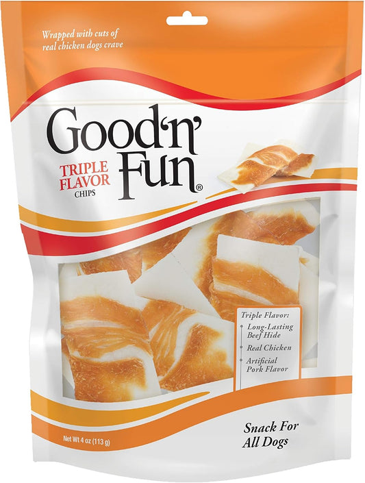 Good'n'Fun Triple Flavor Chips for All Dogs, Treat your Dog to a Premium Chicken and Beef Hide Chew, 4 oz