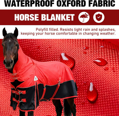 Horse Blankets Winter for Real Horses, 1600D Waterproof Poly Rain Sheets 72 in with Neck Cover Belly Wrap Tail Wrap Turnout Blanket, Stuff Care Medium Large Weight Heavy Outdoor Clothes Red Black