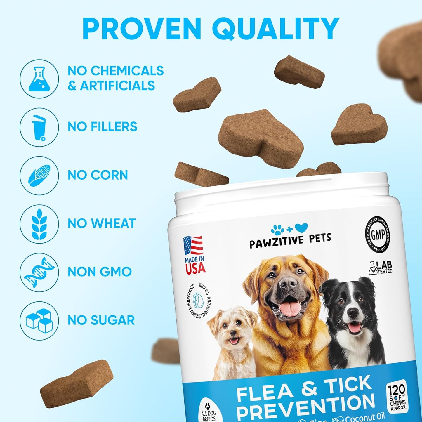 Chewable Flea and Tick Prevention for Dogs - 120 Soft Chews Made in USA - Oral Flea and Tick Control Pills for Small, Medium, Large Dogs and Puppies - Skin and Coat Supplement Treats for All Breeds