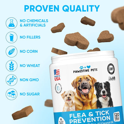 Chewable Flea and Tick Prevention for Dogs - 120 Soft Chews Made in USA - Oral Flea and Tick Control Pills for Small, Medium, Large Dogs and Puppies - Skin and Coat Supplement Treats for All Breeds