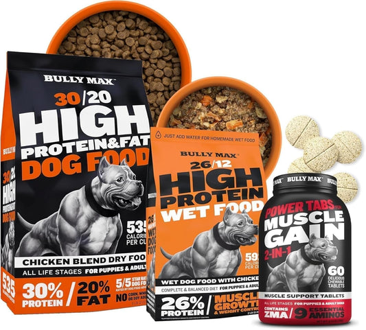 Bully Max Performance Bundle - 30/20 High Protein Dry Dog Food & 26/12 Wet Food (2lbs.) + Power Tabs (60tabs) - Complete Dog Nutrition Pack for Muscle Gain, Weight Support & Daily Vitality