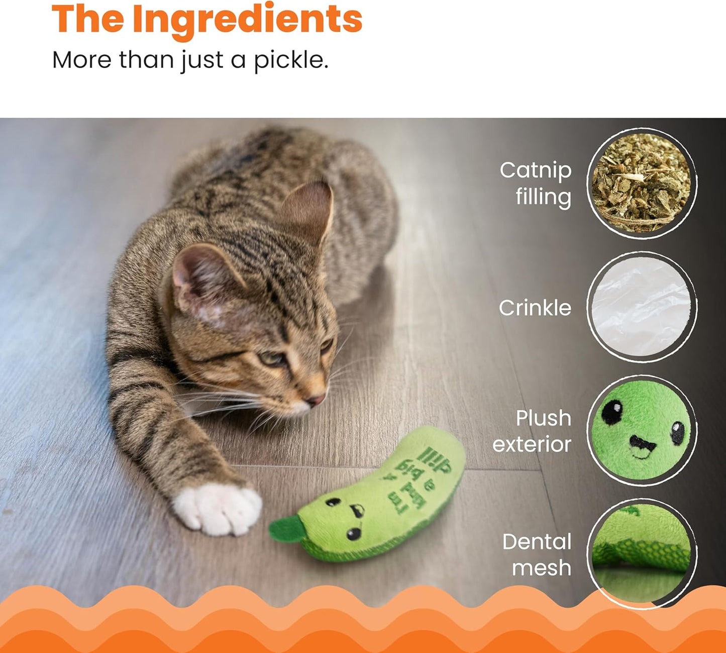 Catstages Crunchy Pickle Kicker Cat Toy – Plush Crinkle Toy with Catnip and Dental Mesh, 6.5"