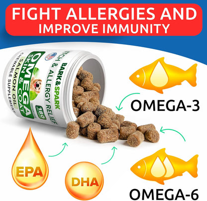 BARK&SPARK Omega 3 for Dogs - 180 Fish Oil Treats for Dog Shedding, Skin Allergy Chews, Itch Relief, Hot Spots Treatment - Joint Health - Skin and Coat Supplement - EPA & DHA Fatty Acids - Salmon Oil