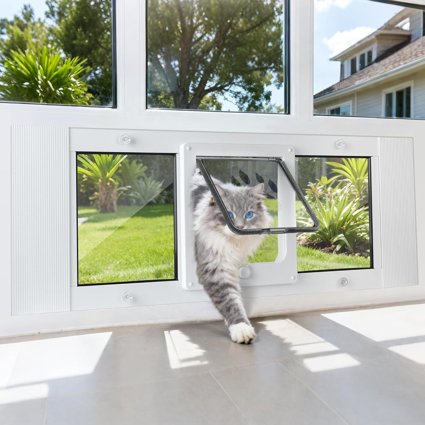 Slevoo Cat Door for Window Adjustable Fits 23" to 28" Sliding Windows, Energy-Saving High-Seal Window Pet Door with 4 Lock Modes, Tool-Free Install, Heavy-Duty Aluminum Frame, Multi-Pet Compatible
