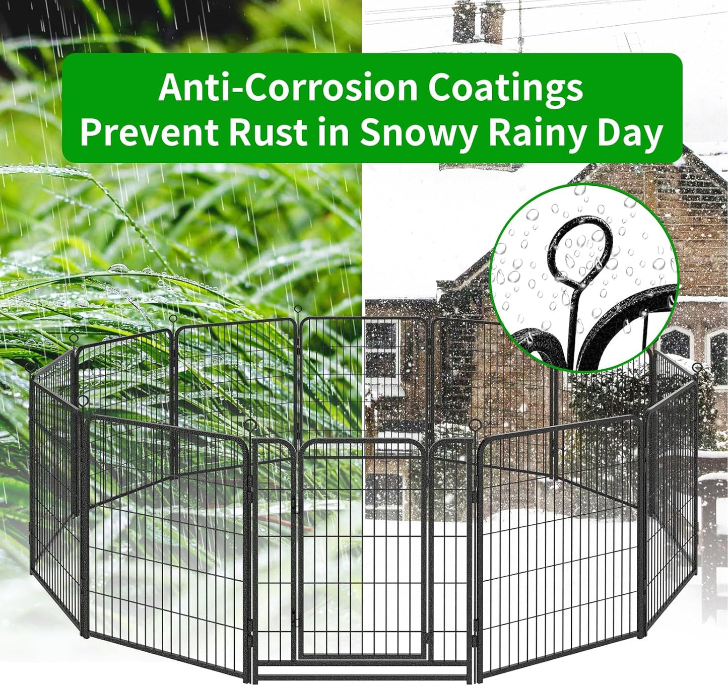 Dog Playpen Outdoor Extra Wide 12 Piece Panels Heavy Duty Anti-Rust Coating-Strengthened Dog Fence 40" Height with Doors Portable for RV Camping Yard, Total 32FT, 79 Sq.ft, Snowy Black
