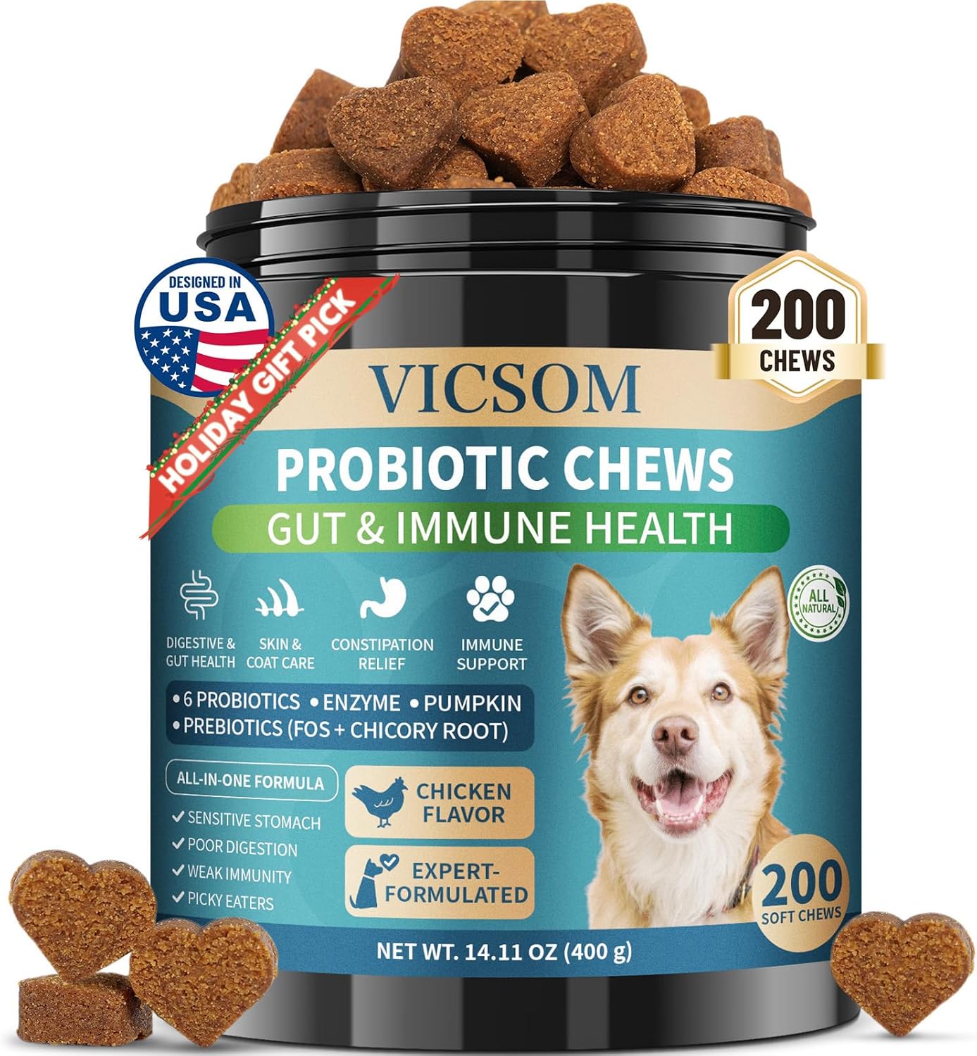 Dog Probiotics for Dogs, 200 Soft Probiotics Chews for Dogs Digestive Health Gut Health & Immune System, with 6 Probiotics & Digestive Enzymes, Support Itchy Skin, Constipation & Diarrhea Relief
