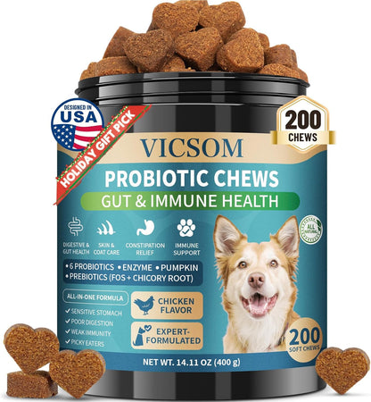 Dog Probiotics for Dogs, 200 Soft Probiotics Chews for Dogs Digestive Health Gut Health & Immune System, with 6 Probiotics & Digestive Enzymes, Support Itchy Skin, Constipation & Diarrhea Relief