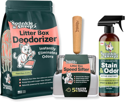Sprinkle & Sweep Litter Box Deodorizer - Cat Litter Deodorizer Non Toxic and Safe for Kittens - Instantly Eliminates Foul Smells and Urine Odors (Bag, Sifter & Spray)
