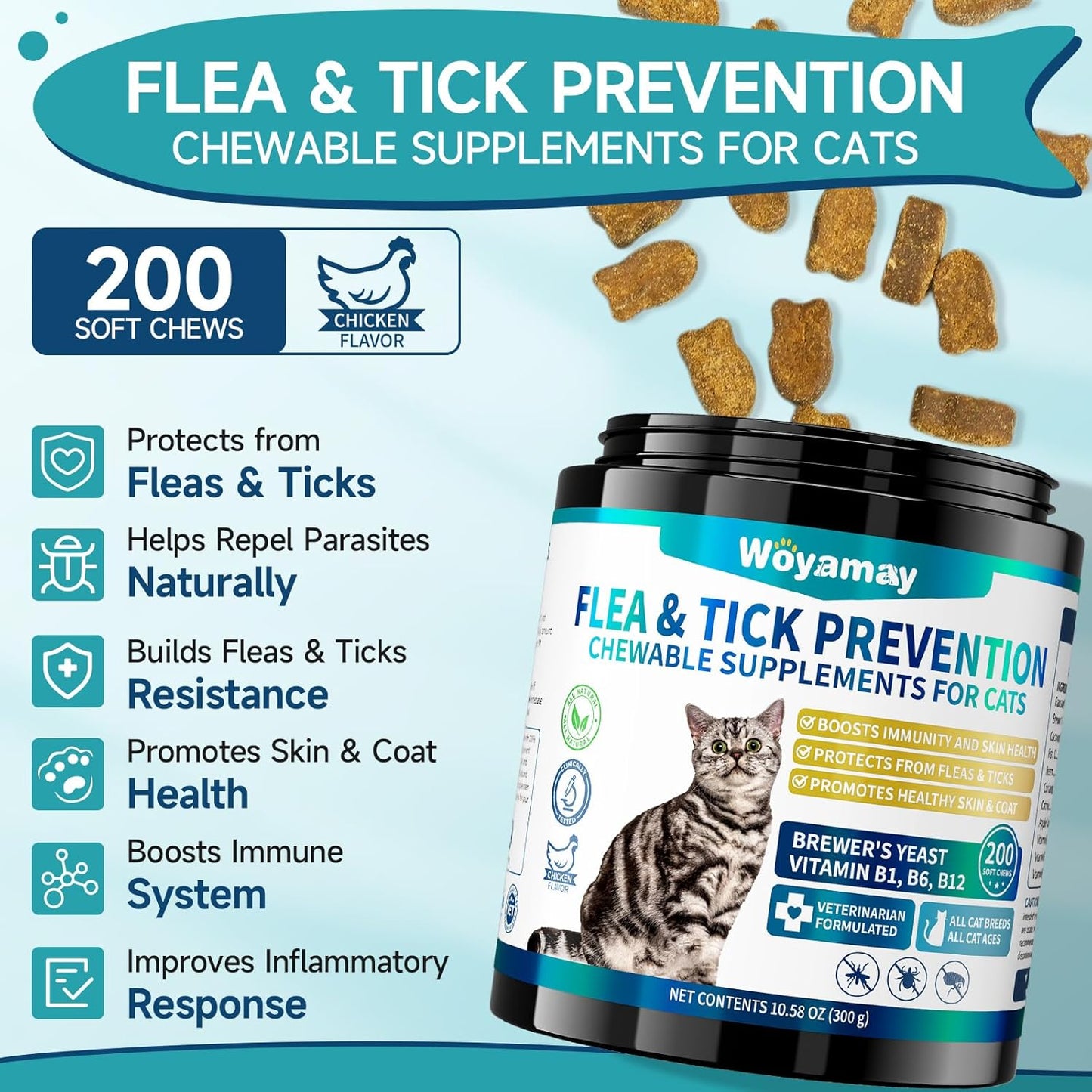 Flea Treatment for Cats, 200 Treats Flea and Tick Prevention for Cats Chewables, Natural Cat Flea and Tick Treatment Chews Daily Oral Flea Supplement, Kitten Cat Flea Treatment, Chicken Flavor