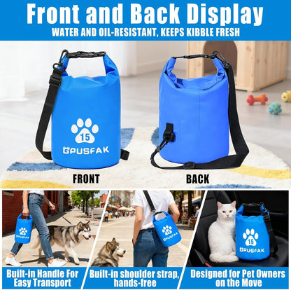 Zip Roll Top Pet Food Storage Bag with Travel Bowl(96 Cup) - Dog Food Travel Bag Waterproof Kibble Container for Camping Road Trips Dog Boarding Weekend Getaways Machine Washable 15L Blue