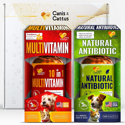 Liquid Cat & Dog Vitamins – Dog Antibiotics for All Pets – Bundle of 10 in 1 Cat & Dog Multivitamin + Antibiotic Supplement – Cough, Allergy, Sneezing, Joint Care – Vitamin C, D, B – Bottle Set x 2 oz