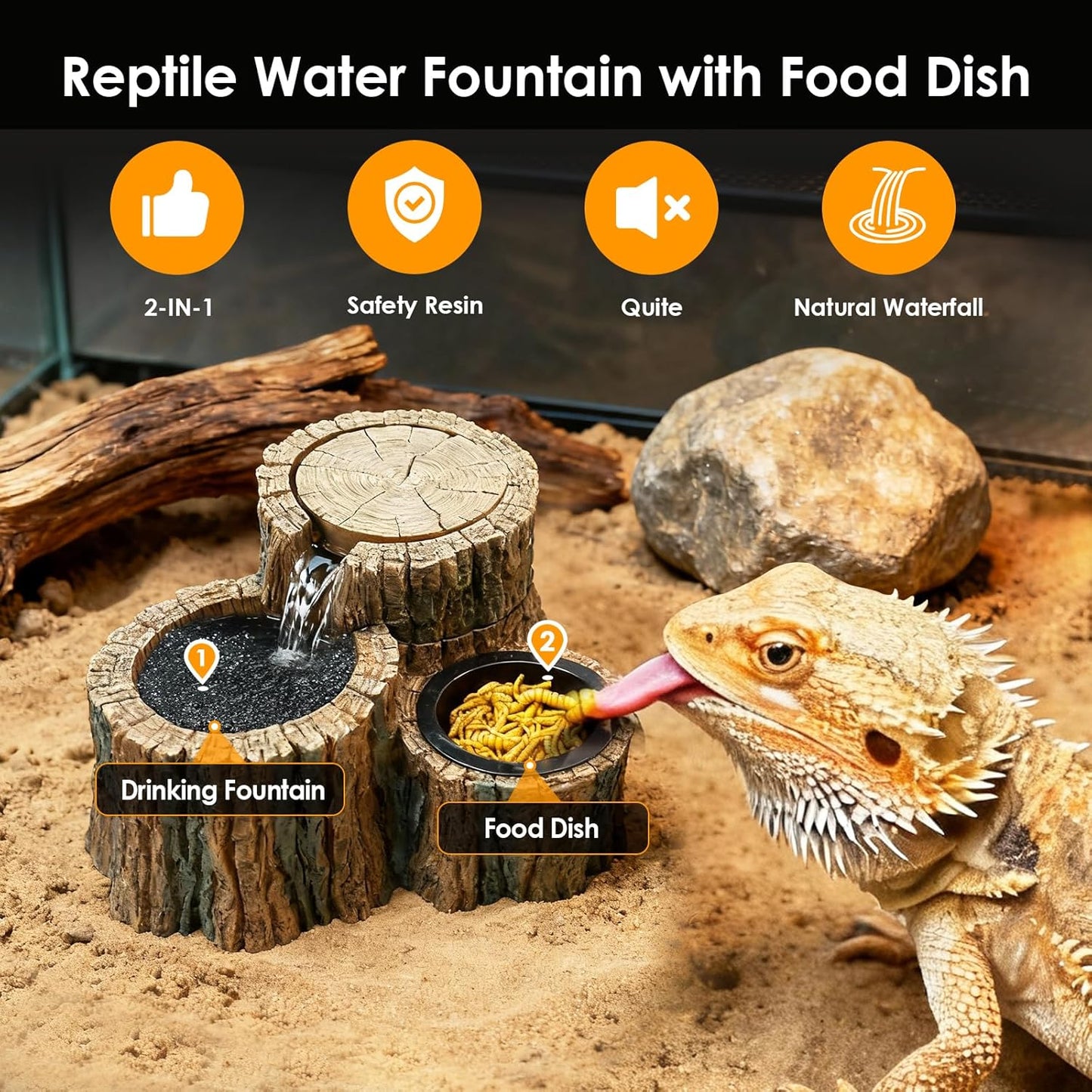 MIXJOY Reptile Water Fountain with Food Dish 550ML, 2 in 1 Reptile Waterfall Drinking Fountain, Reptile Water Dispenser for Bearded Dragon, Gecko, Leopard, Lizard, Chameleon, Tree Frog