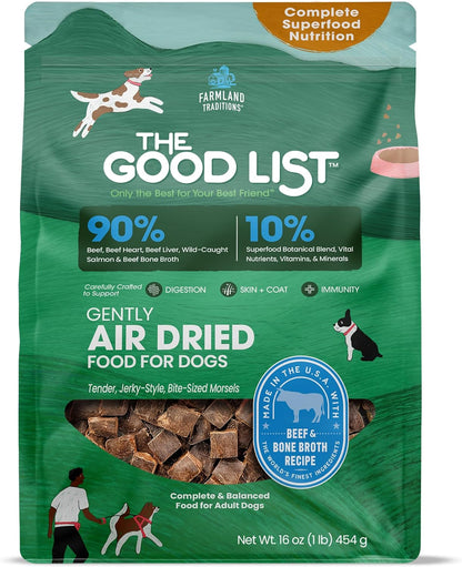 Farmland Traditions The Good List Air-Dried Dog Food, Premium Beef & Bone Broth for Dogs, Protein Rich & Grain-Free Nutrition, 1 Pound Bag