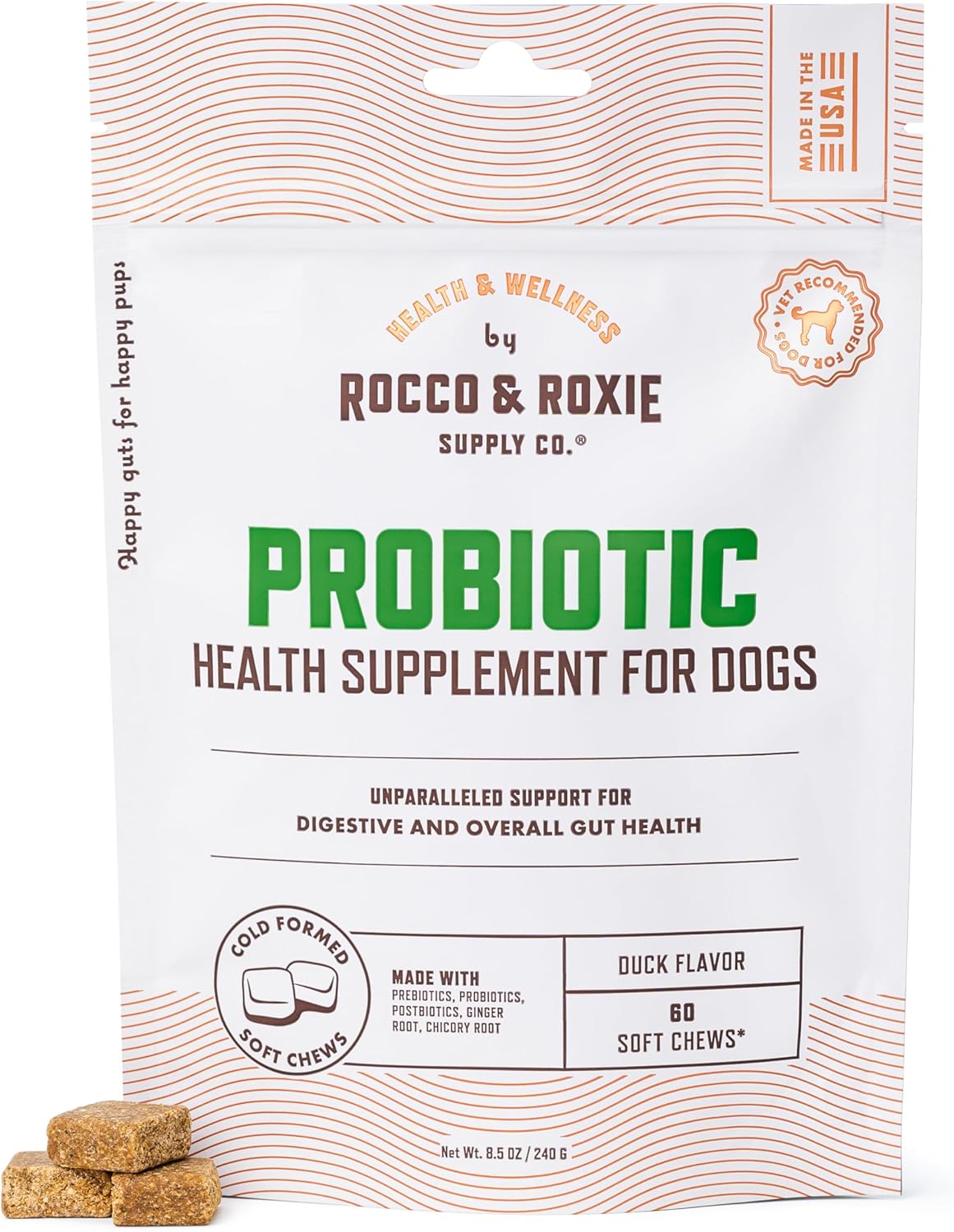 Rocco & Roxie Probiotics for Dogs, Support Gut and Digestive Health, Anti Diarrhea, Constipation & Gas Relief, Allergies, & Itchy Skin, Prebiotics, Enzymes, Puppy to Senior Dog Supplements Chews 60ct