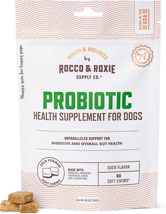 Rocco & Roxie Probiotics for Dogs, Support Gut and Digestive Health, Anti Diarrhea, Constipation & Gas Relief, Allergies, & Itchy Skin, Prebiotics, Enzymes, Puppy to Senior Dog Supplements Chews 60ct