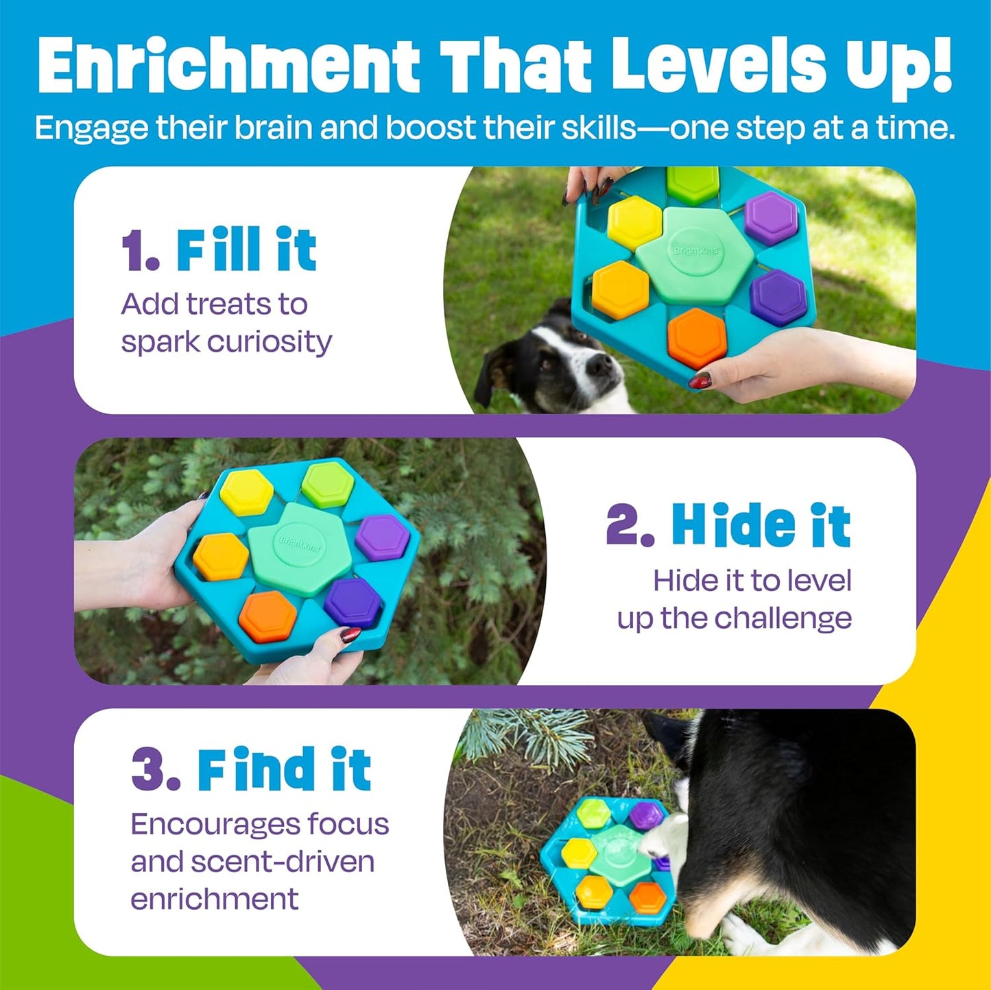 Brightkins Spin & Seek Hexagon Treat Puzzle, Outdoor Puzzle Board, Interactive Dog Toys, Dog Birthday, Enrichment Slow Feeder Bowls, Puppy Teething and Chewing, Stimulating Automatic Feeder