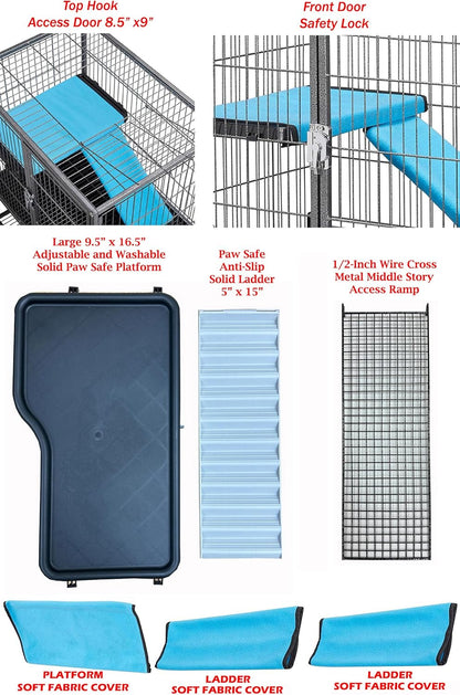 Large Two Full Story Deluxe Double Unit 4-Tiers Tight 1/2-Inch Bar Spacing Durable Front Doors Water Bottle Food Bowl for Feisty Ferret Squirrel Hammock Rat Gerbil Small Animal Critter Rolling Cage