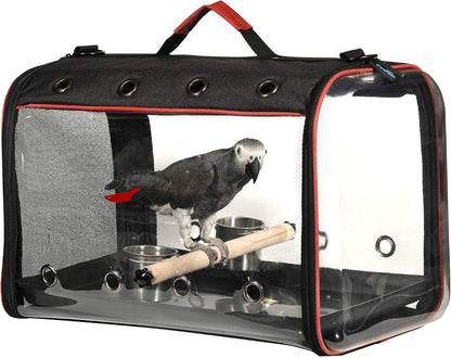 Colorday Lightweight Bird Carrier for Travelers, Bird Travel Cage with Parrot Feeder Cups & Standing Perch and Tracy (Large 19 x 12 x 13 inch, Black)