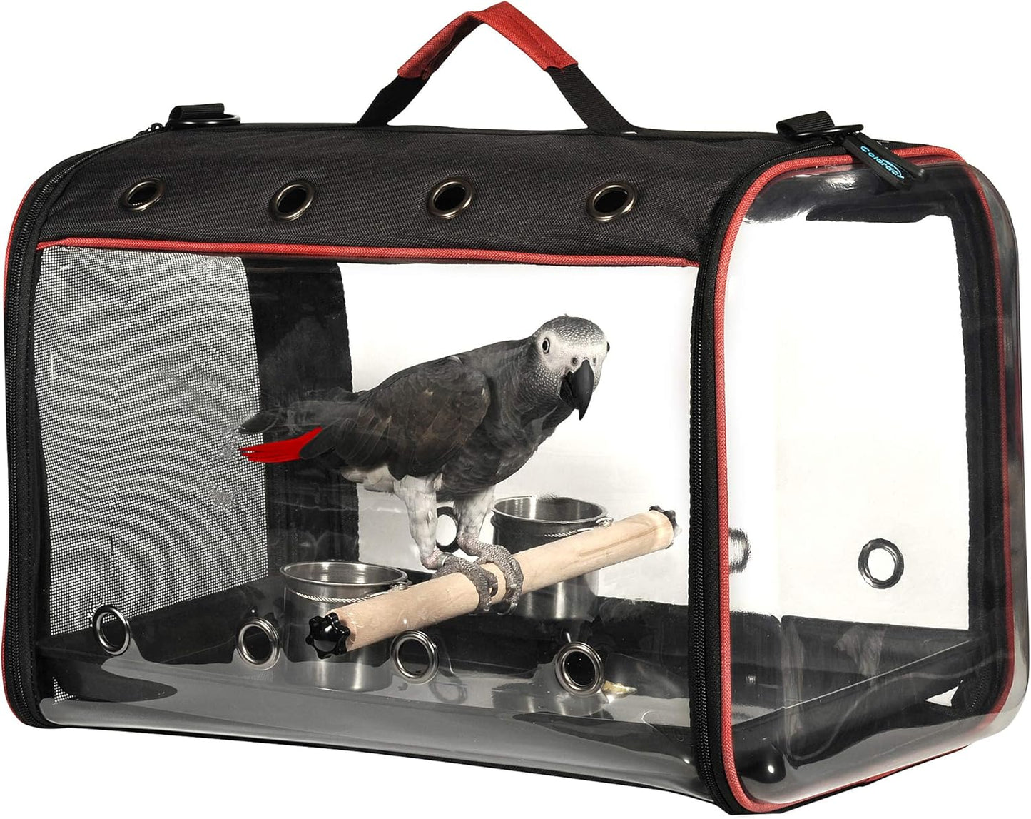 Colorday Lightweight Bird Carrier for Travelers, Bird Travel Cage with Parrot Feeder Cups & Standing Perch and Tracy (Large 19 x 12 x 13 inch, Black)