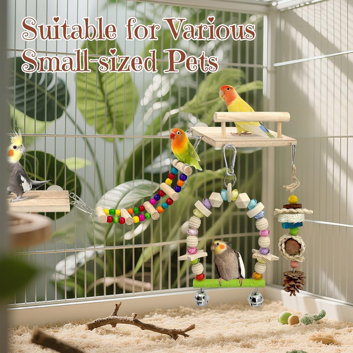 5-in-1 Parakeet Toys Set: Detachable Bird Playground with Wooden Perch, Swing, Ladder, & Platform Cage Accessories for Cockatiel, Conure, Lovebird, Budgie, Finch